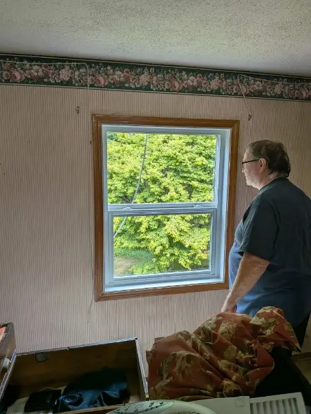 New white double-hung set into existing wood trim, seen from inside the room